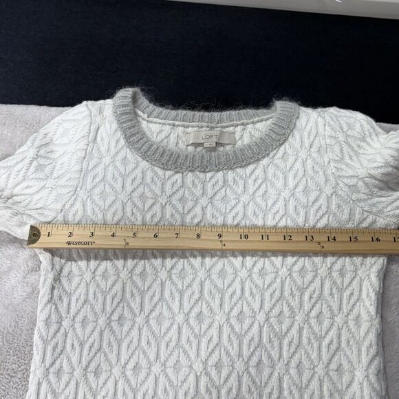LOFT Womens Textured Diamond Knit Sweater S  Nylon Mohair Wool Blend White Gray - Picture 8 of 13